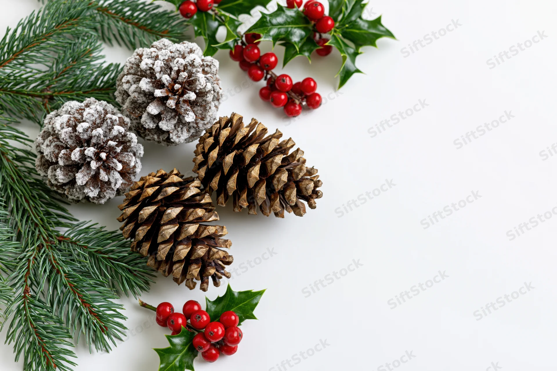 Pinecones and holly branches with red berries arranged on white surface for christmas decoration