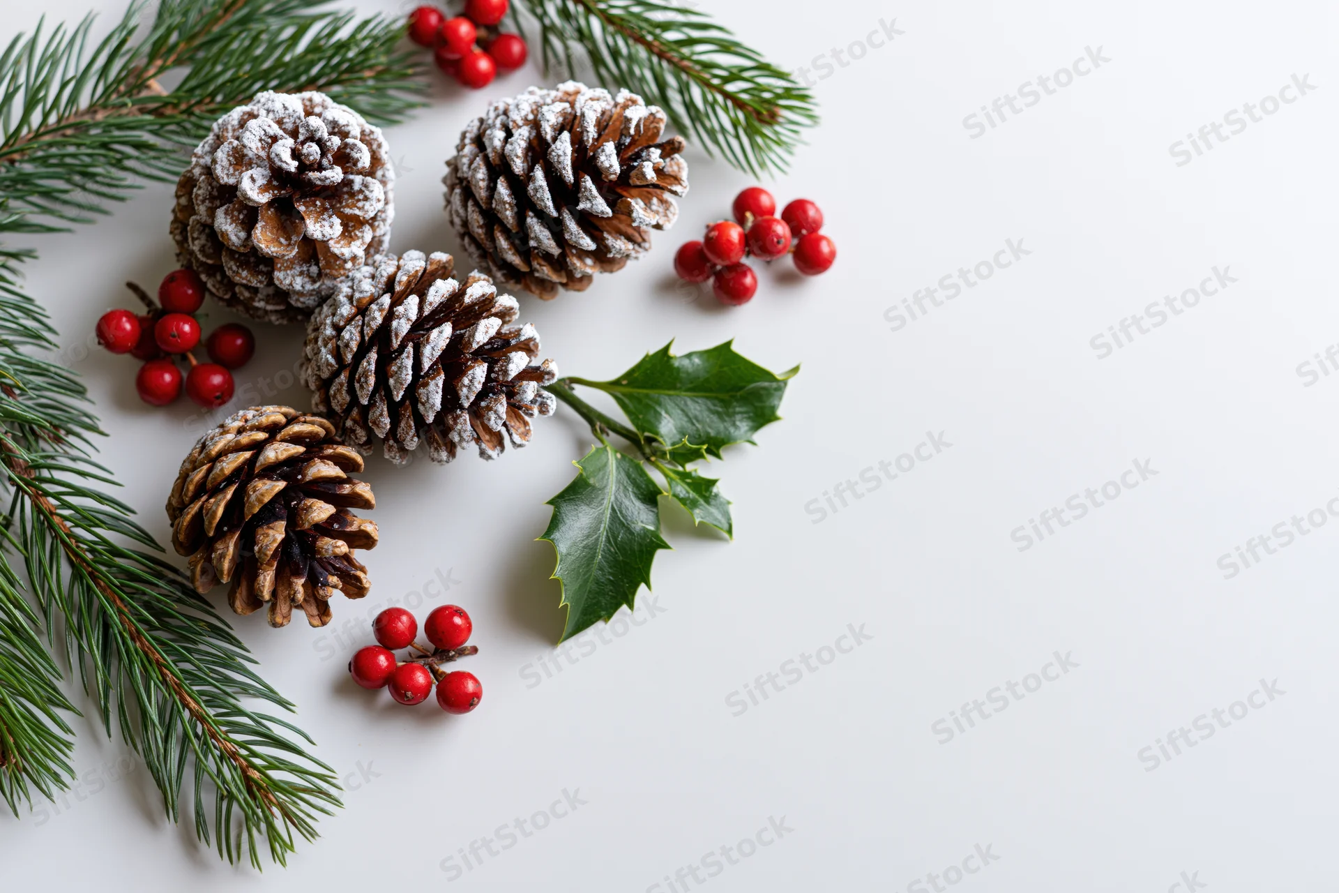 Pinecones dusted with frost and holly berries arranged on white surface with copyspace