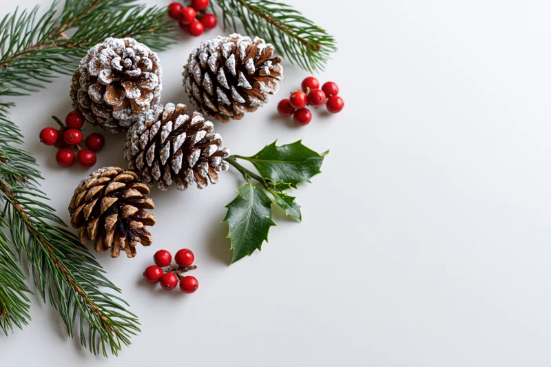 Pinecones dusted with frost and holly berries arranged on white surface with copyspace