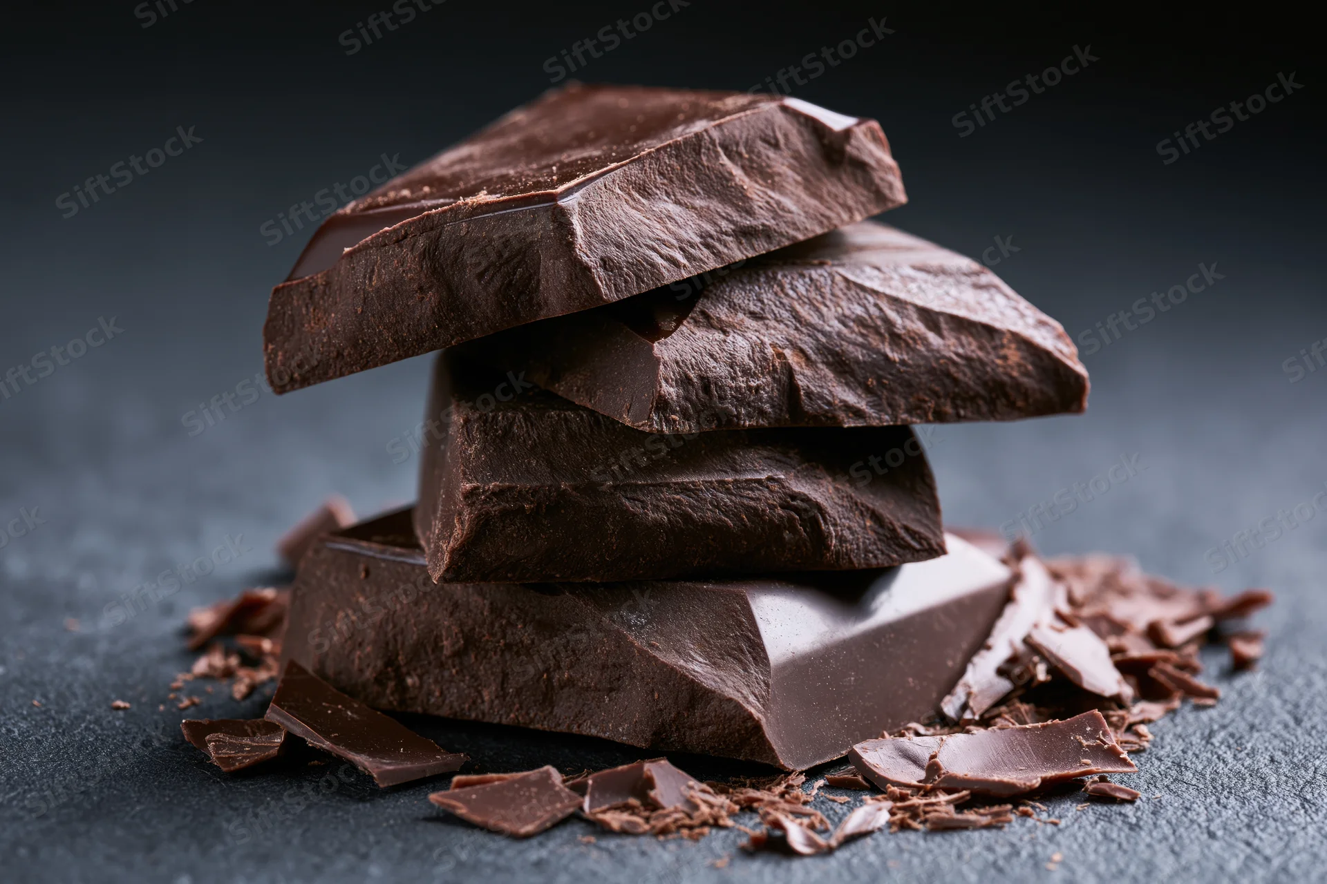 Broken dark chocolate chunks stacked unevenly on a dark stone surface