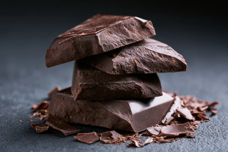 Broken dark chocolate chunks stacked unevenly on a dark stone surface