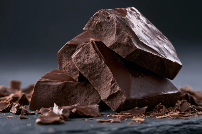 Broken dark chocolate chunks stacked unevenly on a dark stone surface