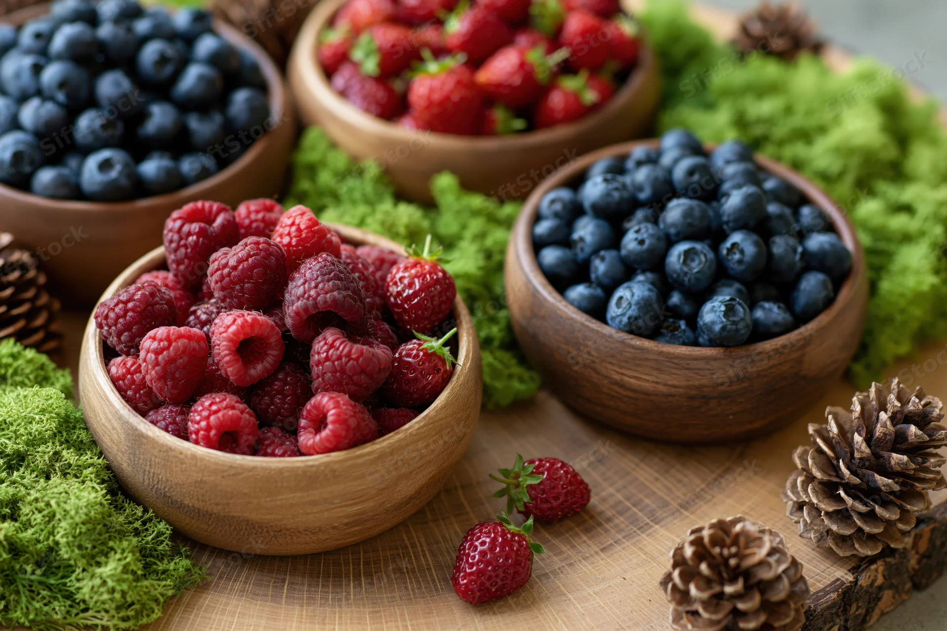 Wooden bowls filled with blueberries raspberries and strawberries arranged on moss and wood with pinecones