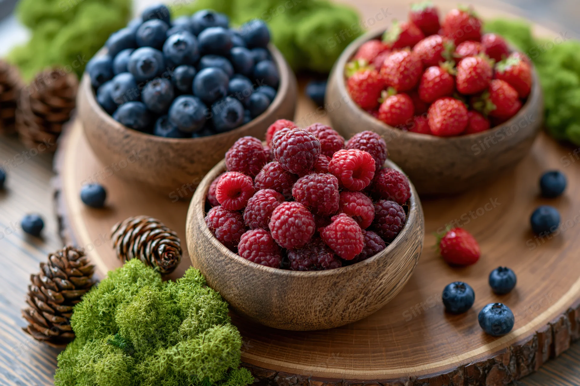 Three wooden bowls filled with blueberries raspberries and strawberries arranged on a rustic wooden tray with moss and pinecones