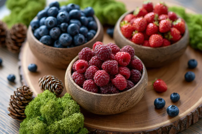 Three wooden bowls filled with blueberries raspberries and strawberries arranged on a rustic wooden tray with moss and pinecones
