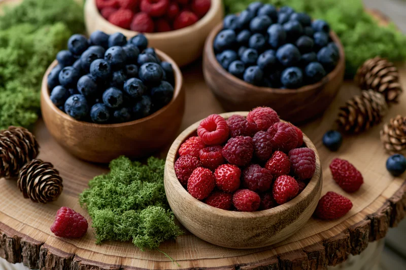Fresh blueberries and raspberries in wooden bowls arranged on a mossy wooden table with pinecones
