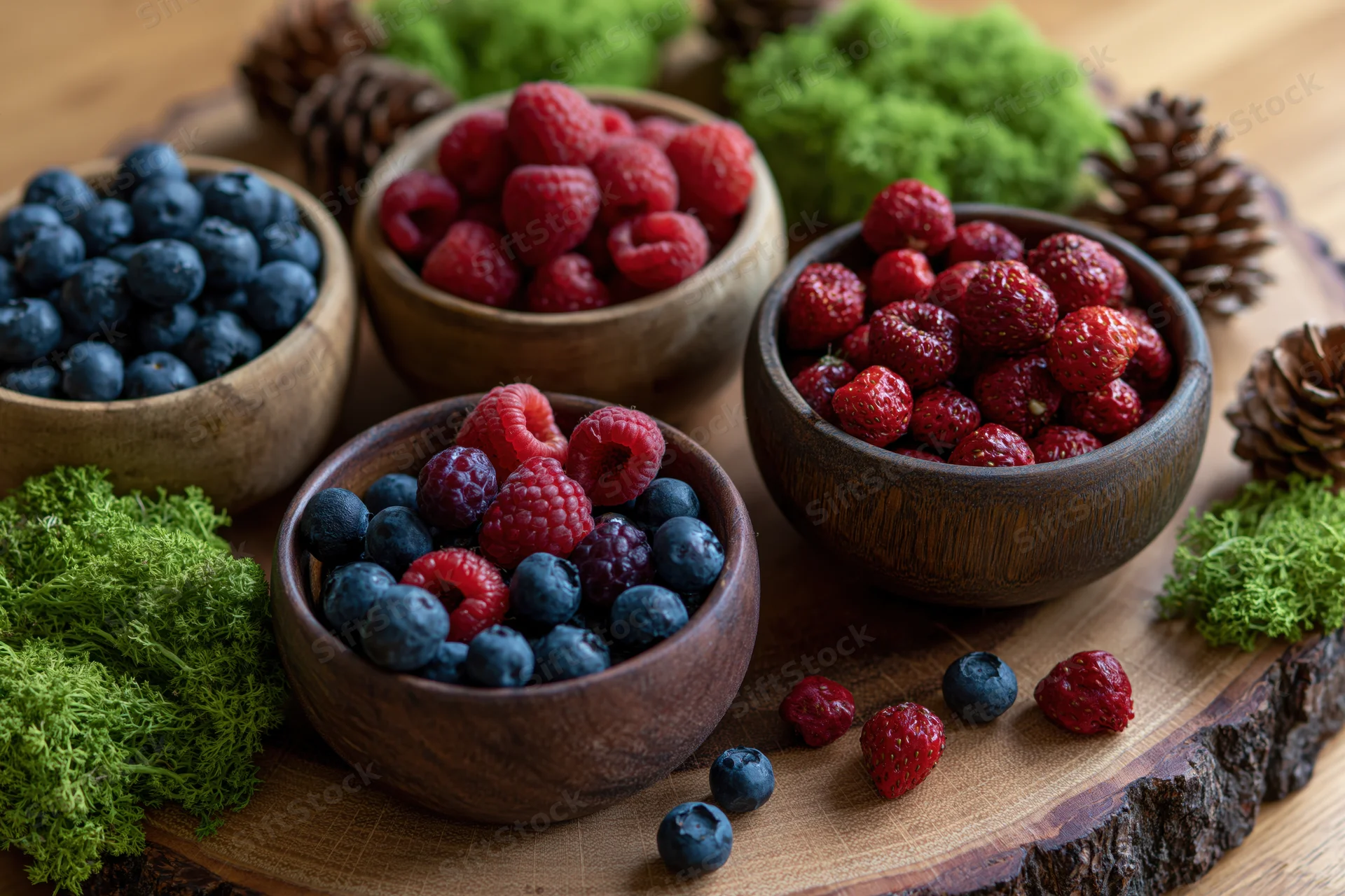Wooden bowls filled with blueberries, raspberries and strawberries arranged on a rustic wood slab with moss and pinecones