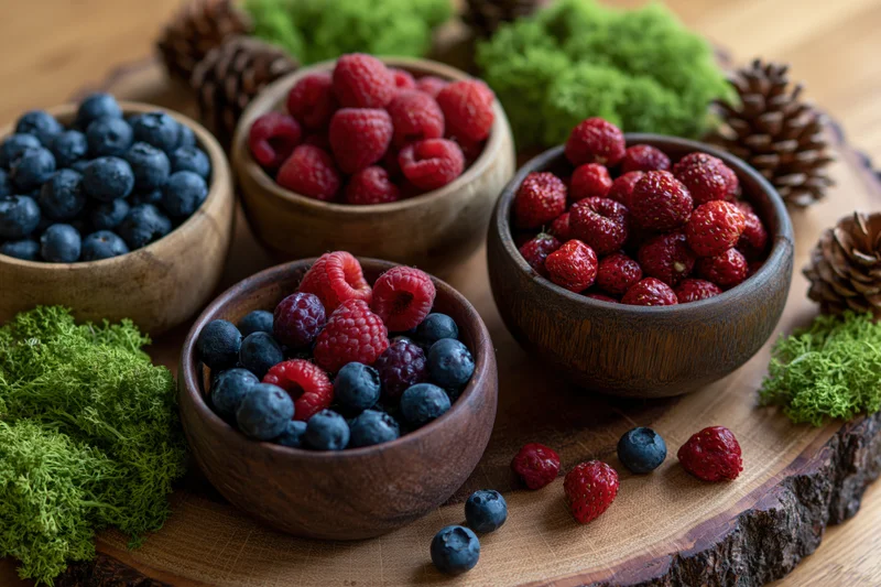 Wooden bowls filled with blueberries, raspberries and strawberries arranged on a rustic wood slab with moss and pinecones