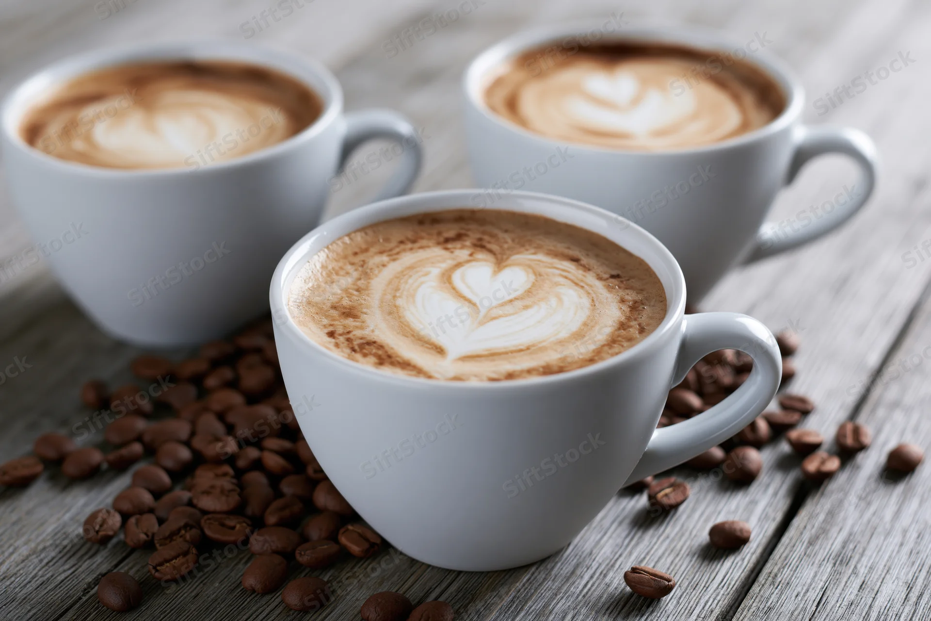 Three white ceramic cups of latte art coffee arranged on a wooden table with scattered coffee beans