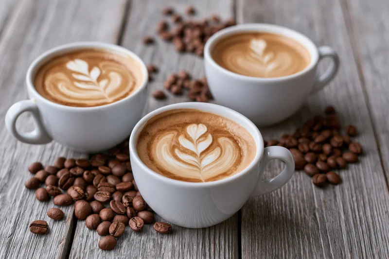 Three white ceramic cups of latte art coffee arranged on a wooden table with scattered coffee beans