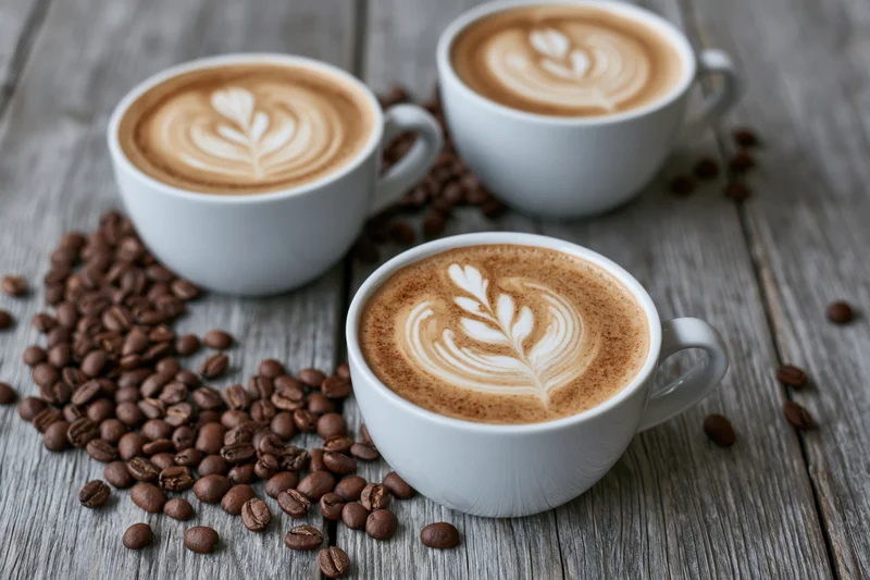 Three white ceramic cups of latte art coffee arranged on a wooden table with scattered coffee beans
