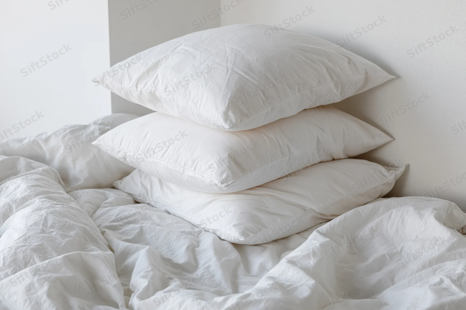 Three white pillows stacked and slightly disheveled on an unmade bed in a bedroom