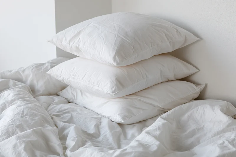 Three white pillows stacked and slightly disheveled on an unmade bed in a bedroom