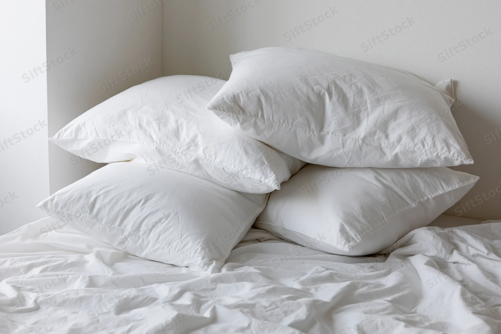 Four white pillows stacked on an unmade bed in a bedroom