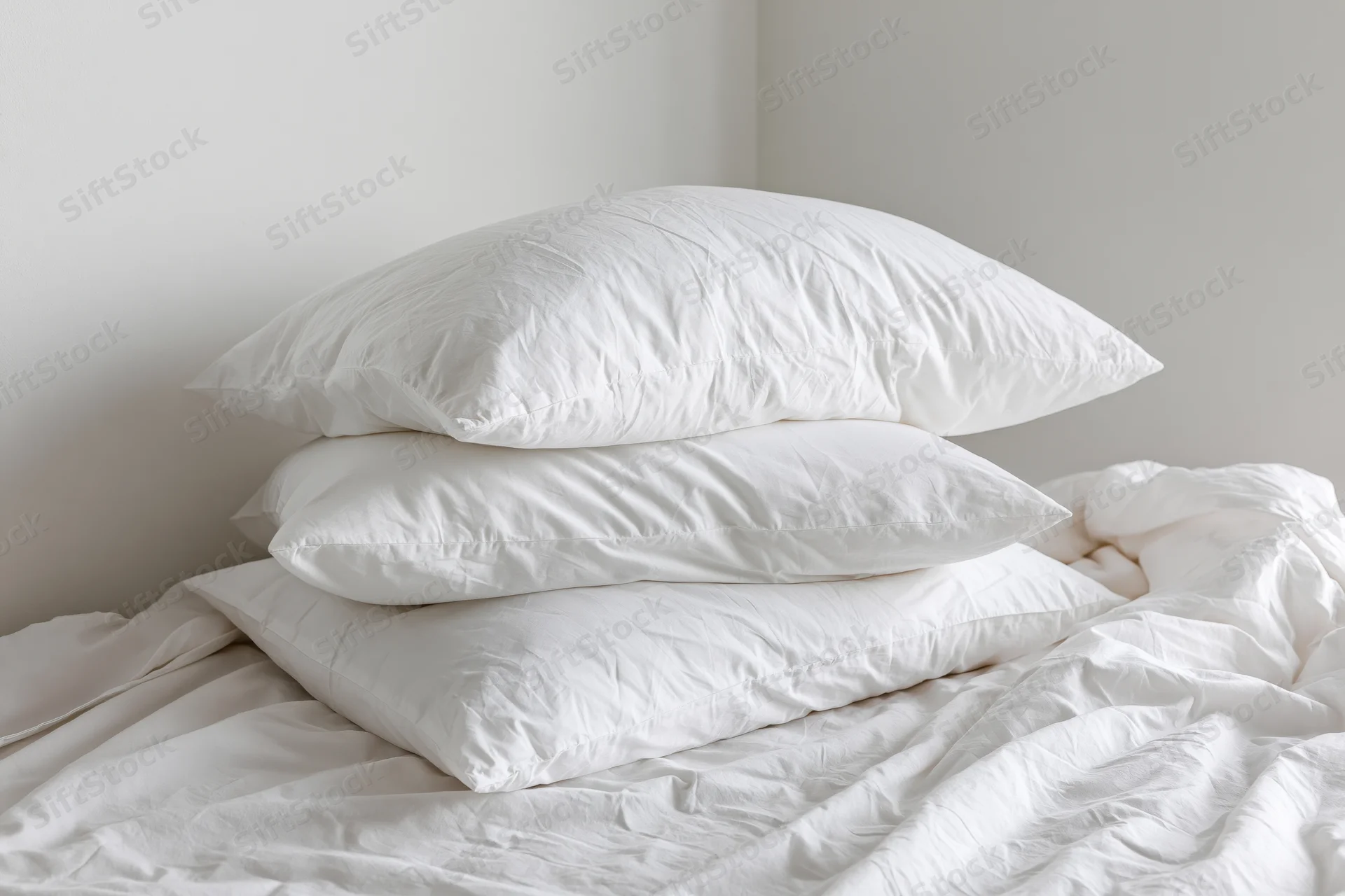Three white pillows stacked on an unmade bed in a bedroom