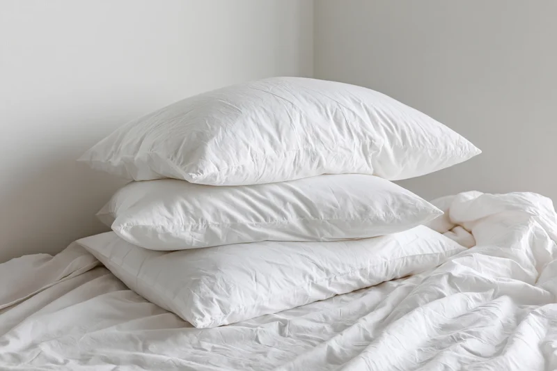 Three white pillows stacked on an unmade bed in a bedroom