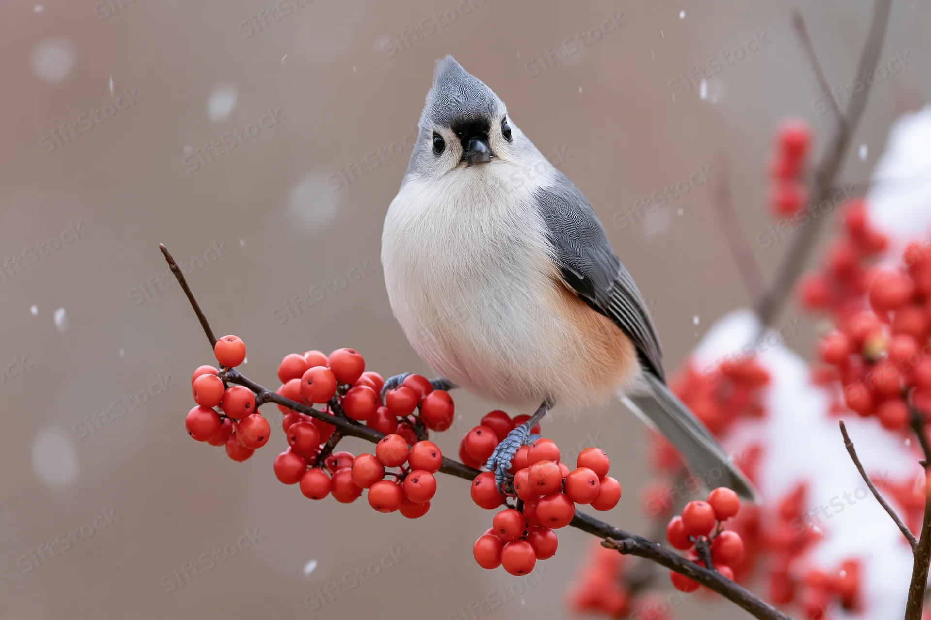 Tufted titmouse perched upright on a berry-laden branch in snowy winter setting