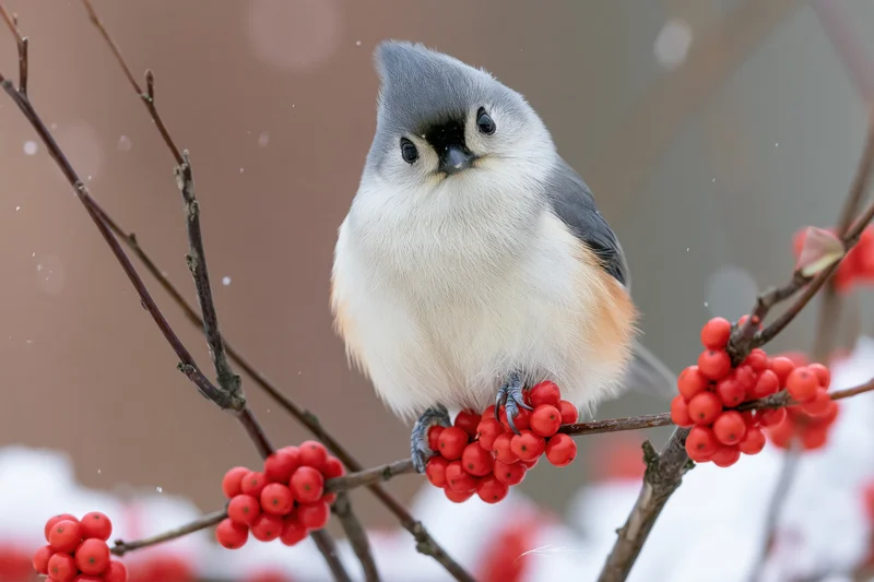 Tufted titmouse perched on a branch with red berries in snowy winter setting