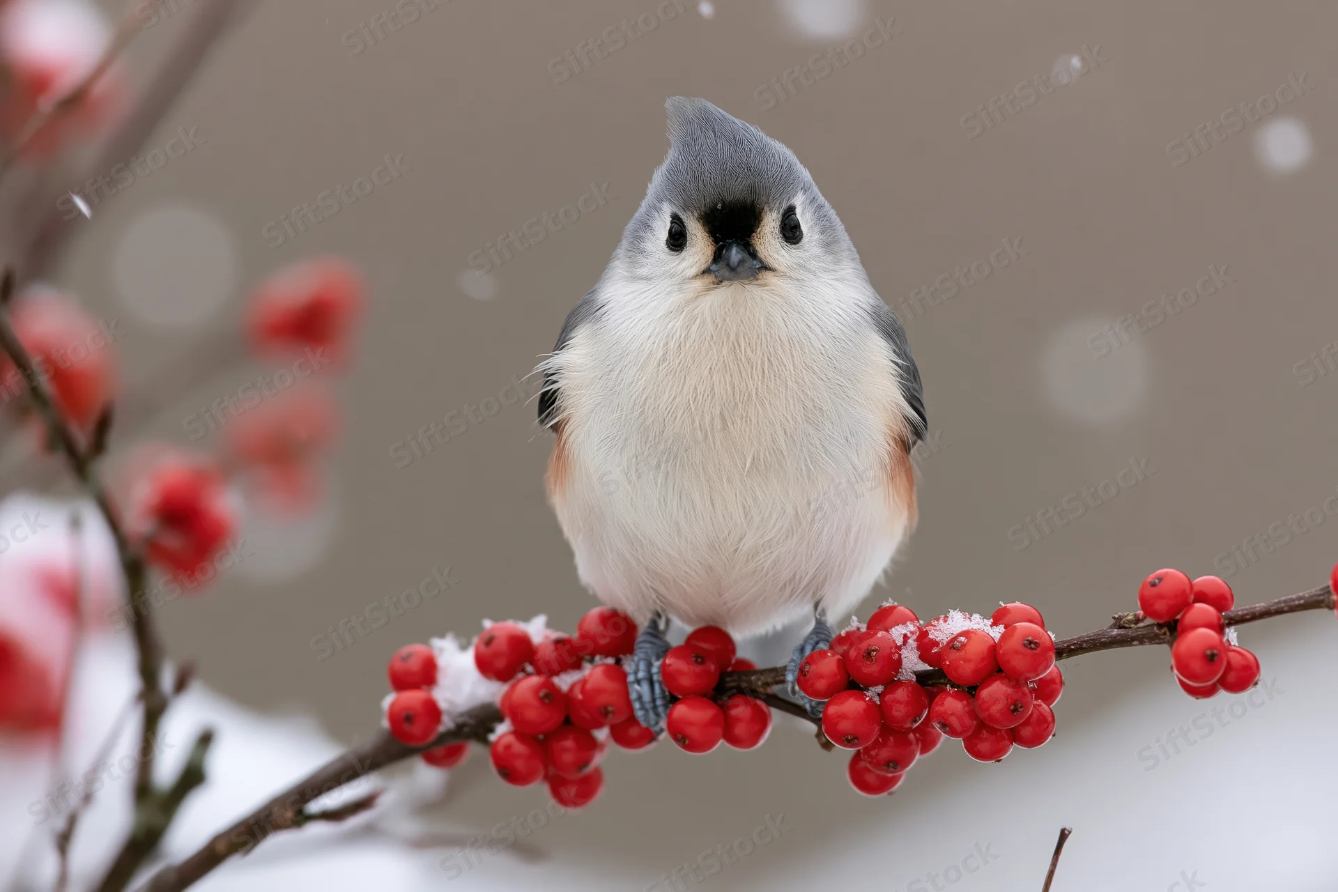 Tufted titmouse perched upright on a snow-dusted branch with red berries in winter