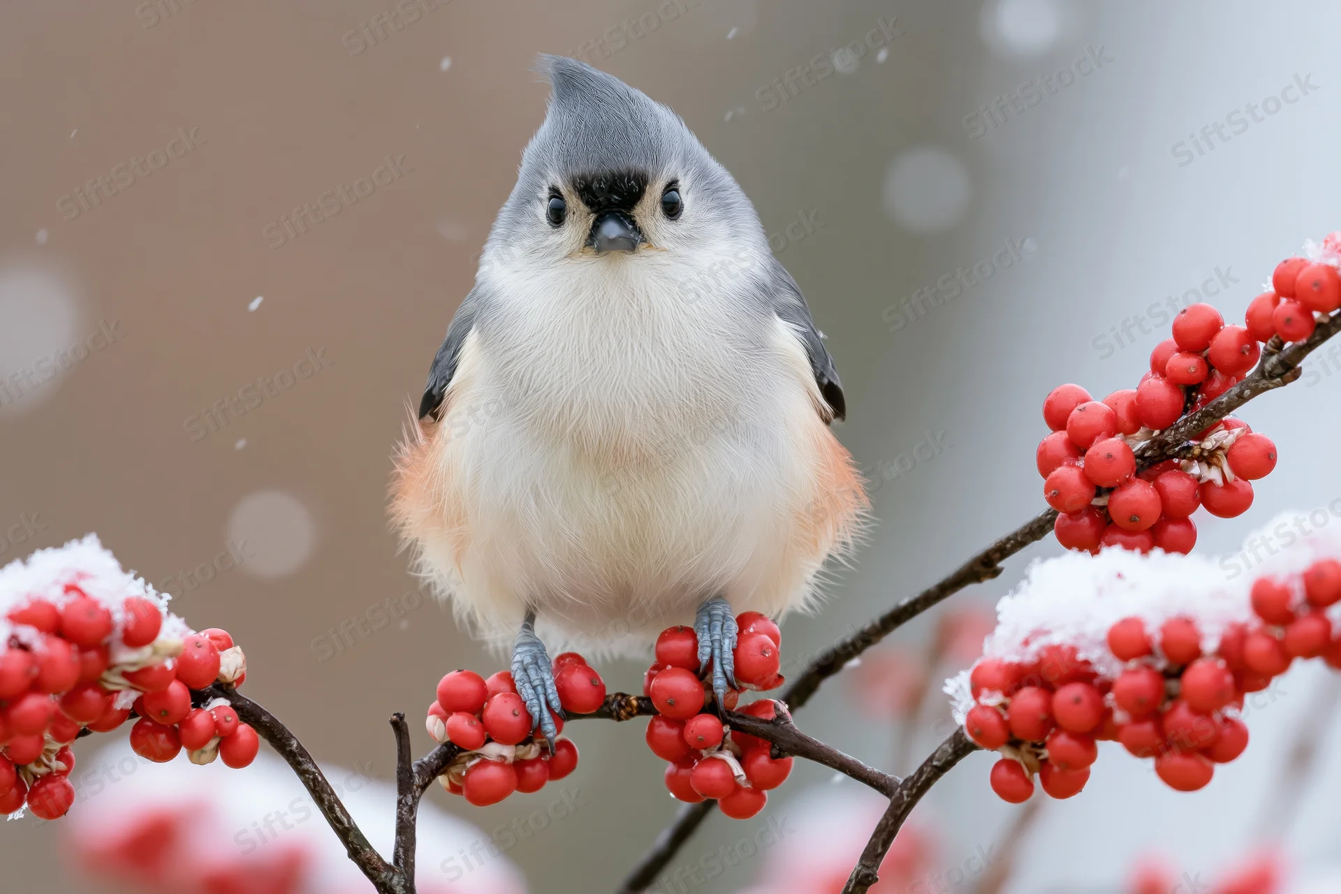 Tufted titmouse perched upright on a snow-dusted branch with red berries in winter
