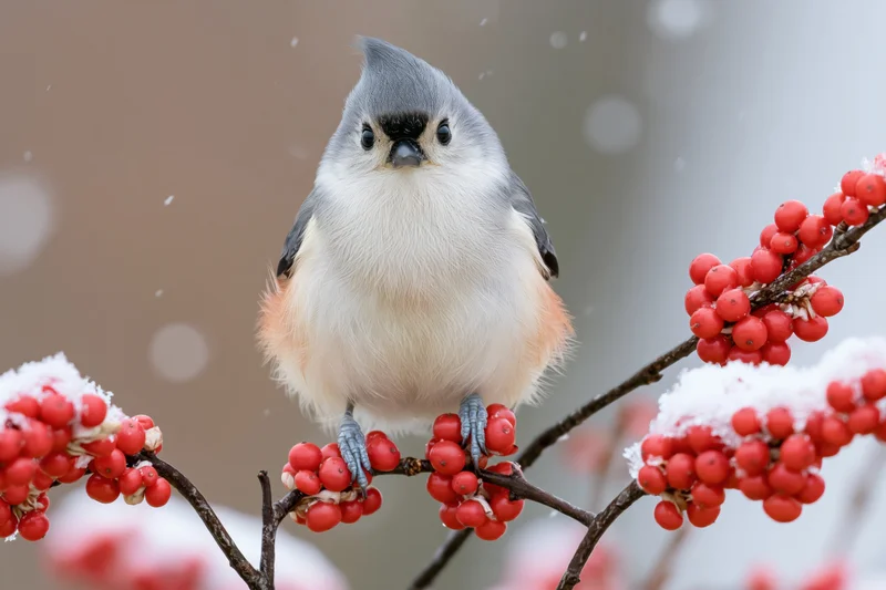 Tufted titmouse perched upright on a snow-dusted branch with red berries in winter