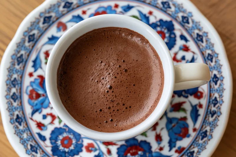 Turkish coffee in a white ceramic cup with dense dark brown foam on a floral saucer on wooden table