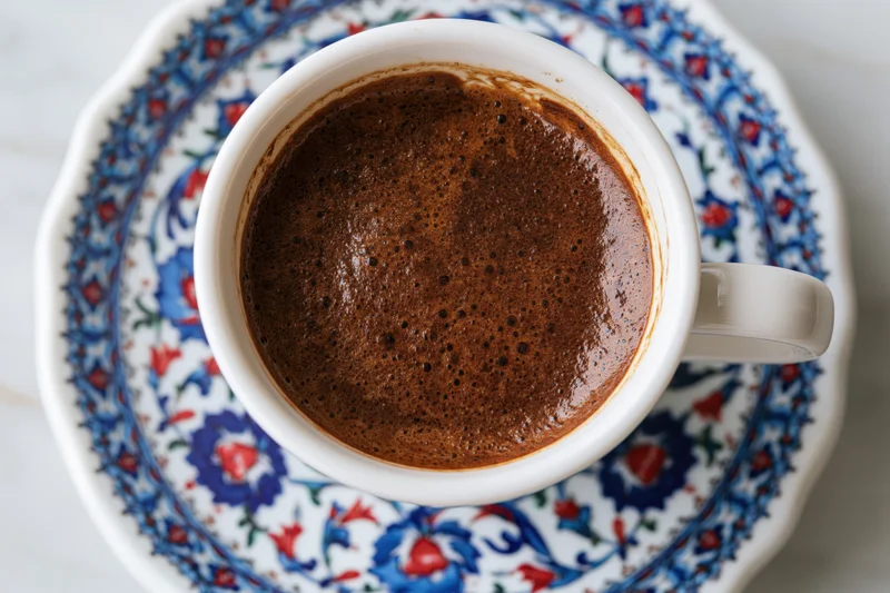 Turkish coffee in a white ceramic cup with dense dark brown foam on a floral saucer viewed from above