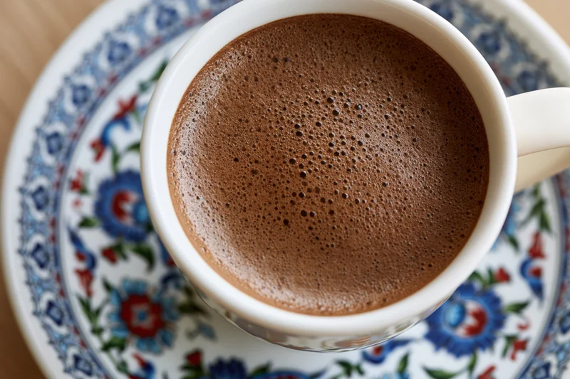 Turkish coffee with dense dark foam in a white ceramic cup on a floral saucer