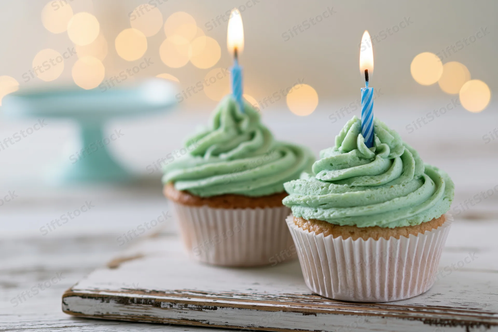 Two birthday cupcakes with swirled mint green frosting and lit candles on a rustic white wooden board