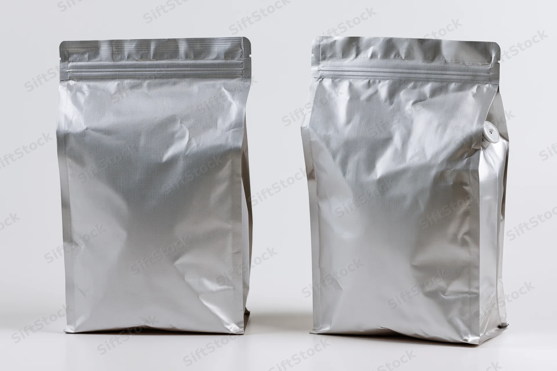 Two blank matte silver foil coffee bags standing upright side by side on white surface