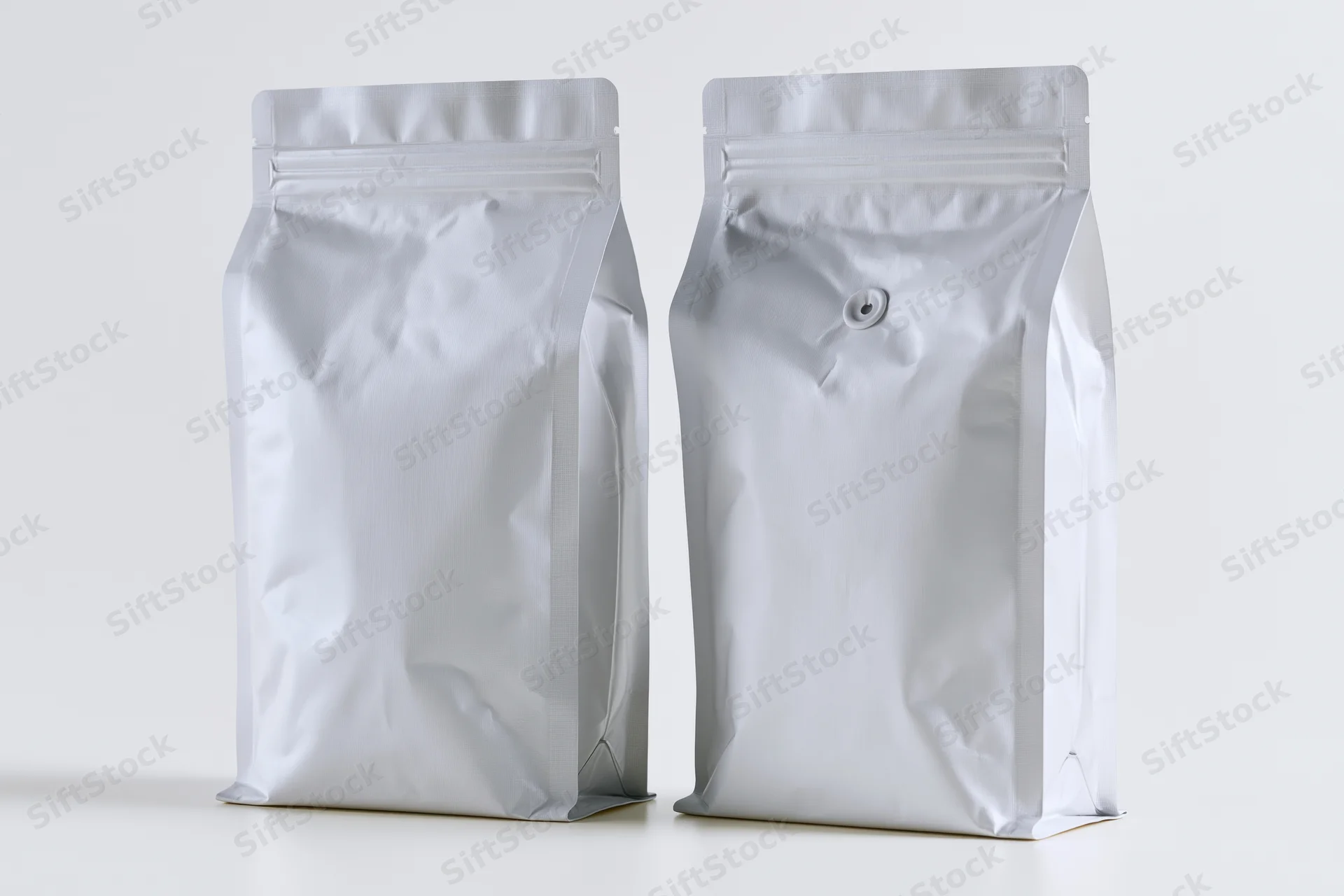Two blank matte silver foil coffee bags standing upright side by side on white surface