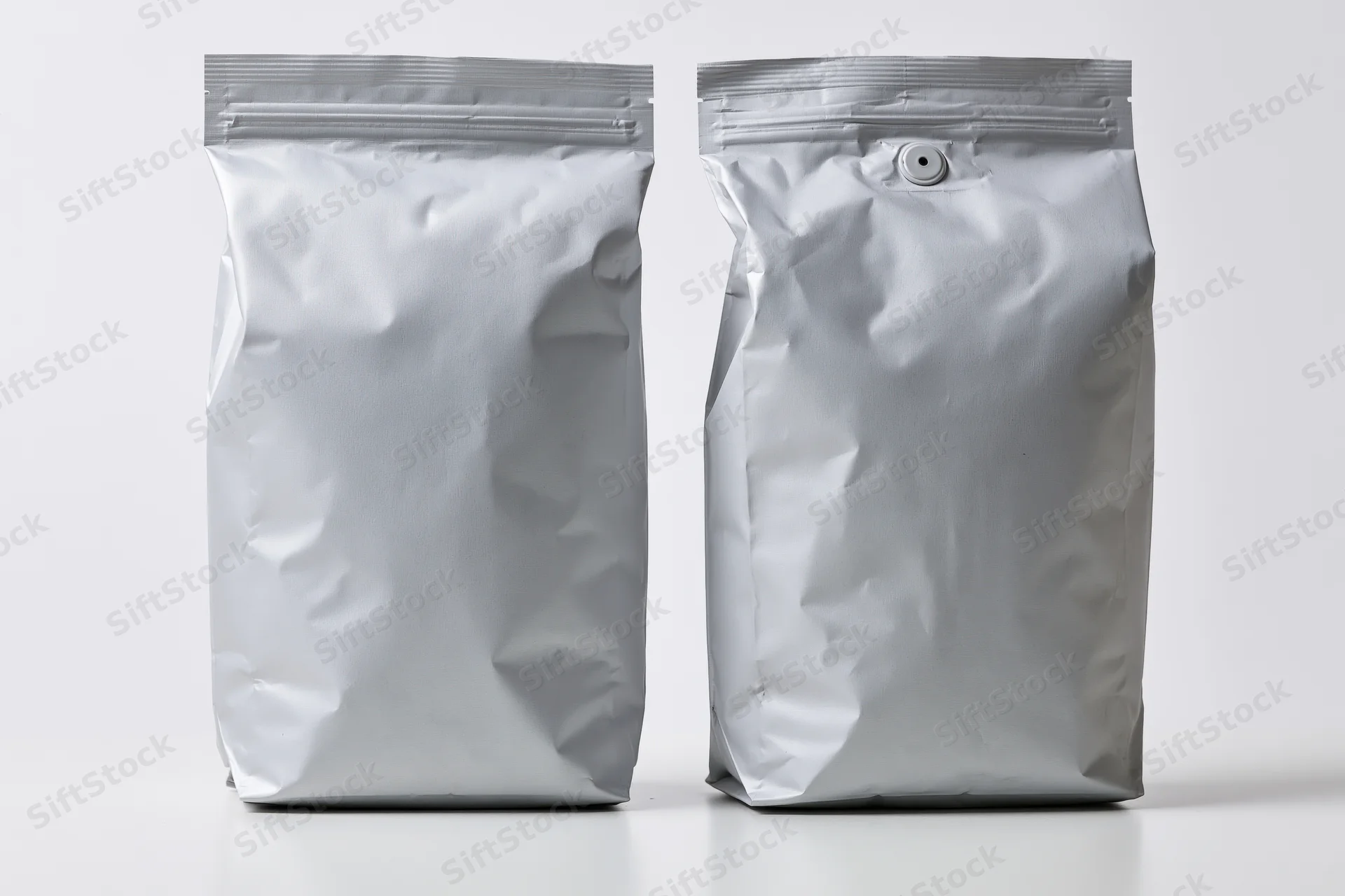 Two blank matte silver foil coffee bags standing upright side by side on white surface