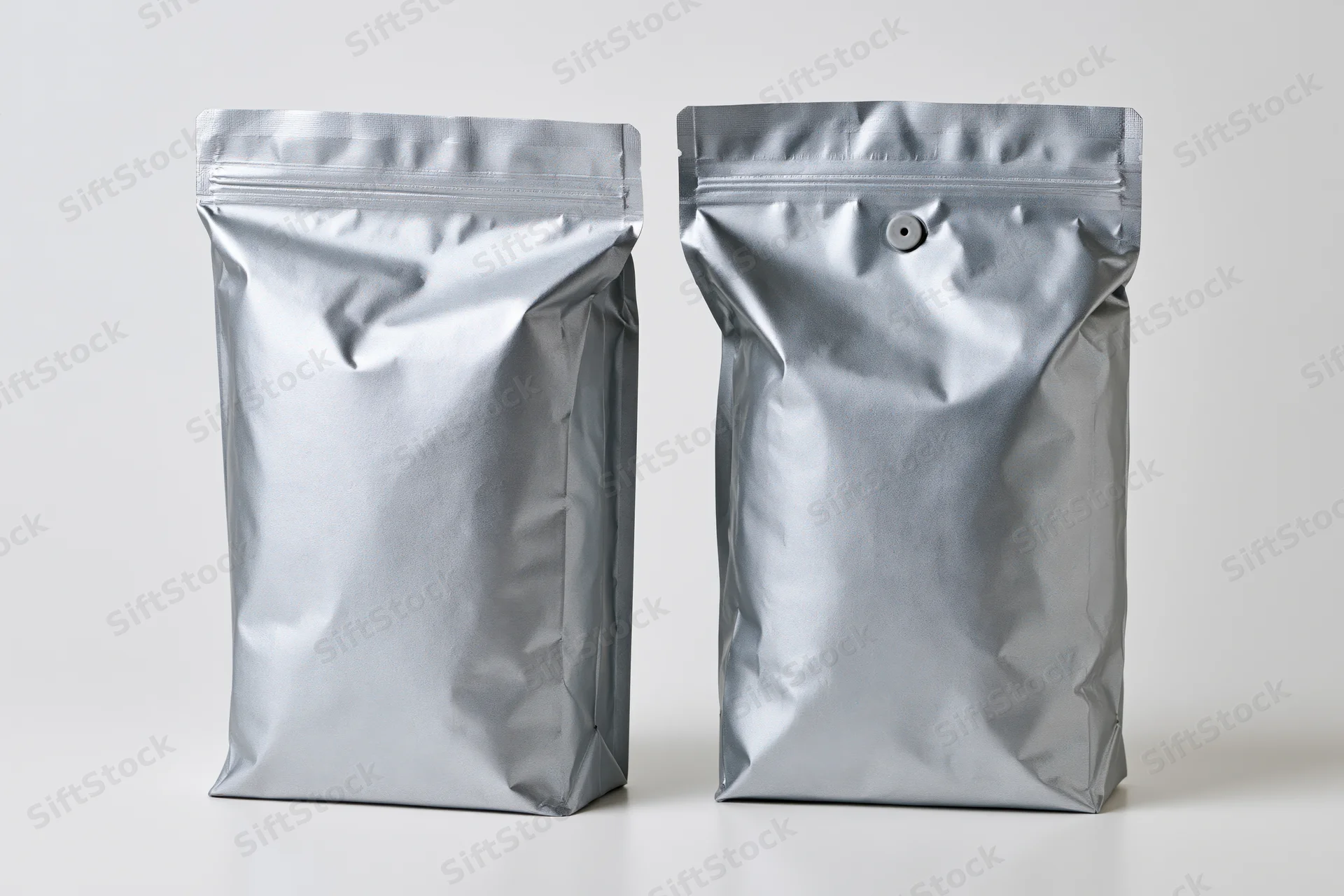 Two blank matte silver foil coffee bags standing upright side by side on white surface