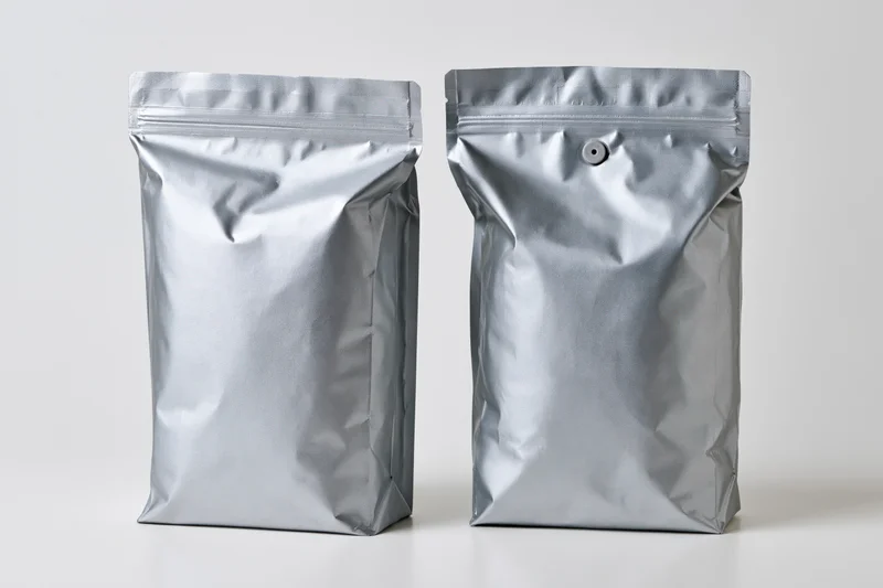 Two blank matte silver foil coffee bags standing upright side by side on white surface