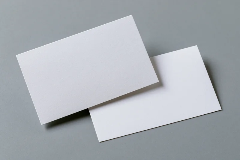 Two blank white business cards arranged at slight angles on a gray surface