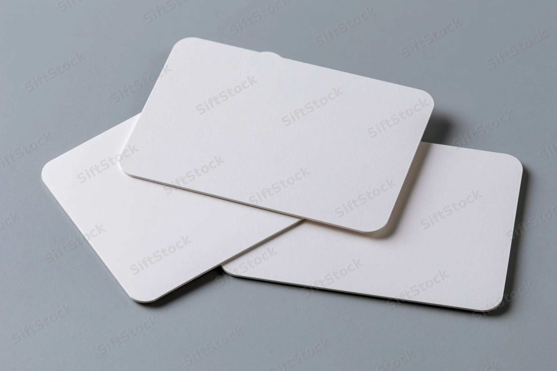 Three blank white business cards arranged at slight angles on a gray surface