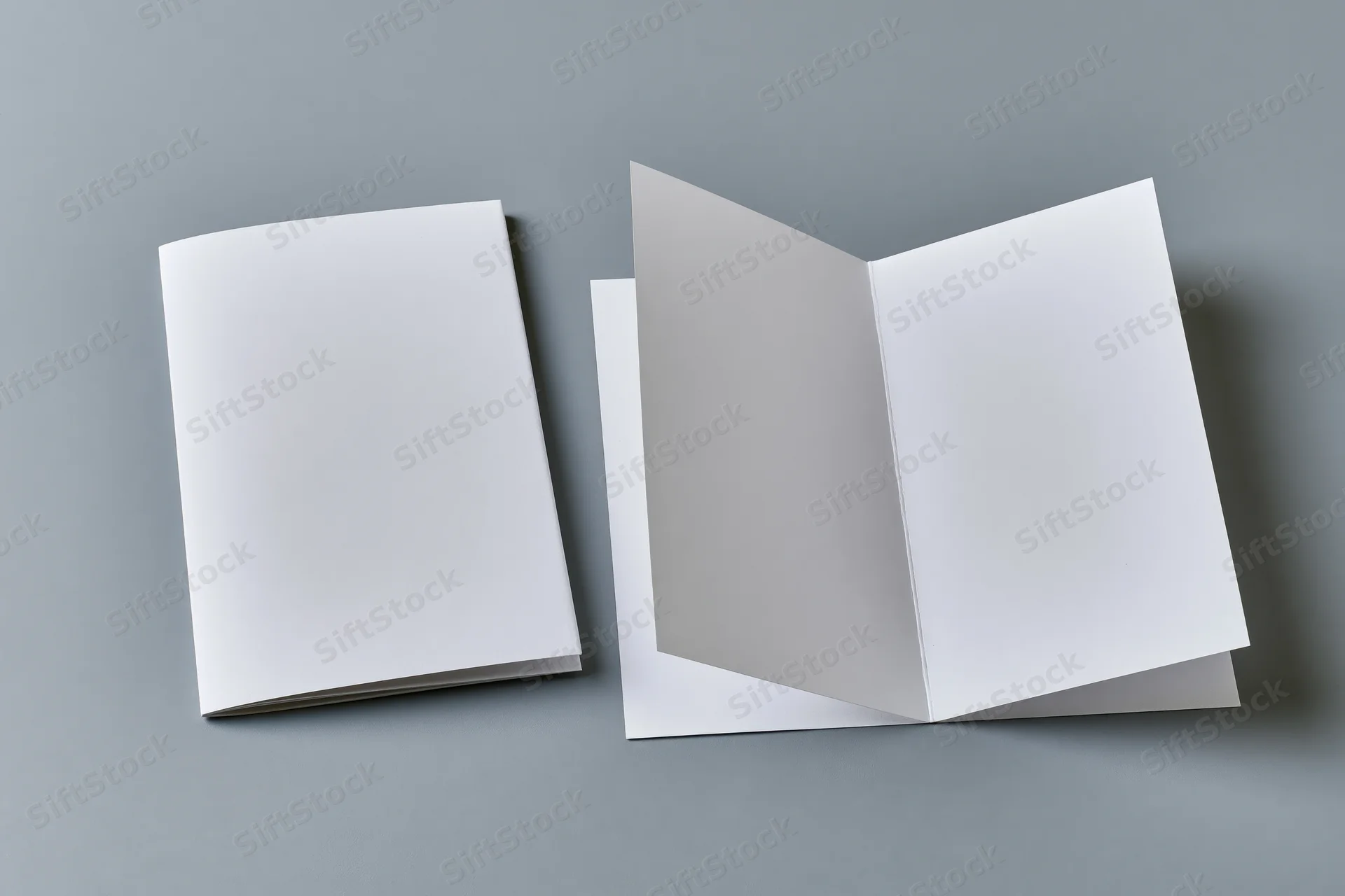 Two blank white paper booklets on a flat grey surface, one closed and one open, arranged side by side