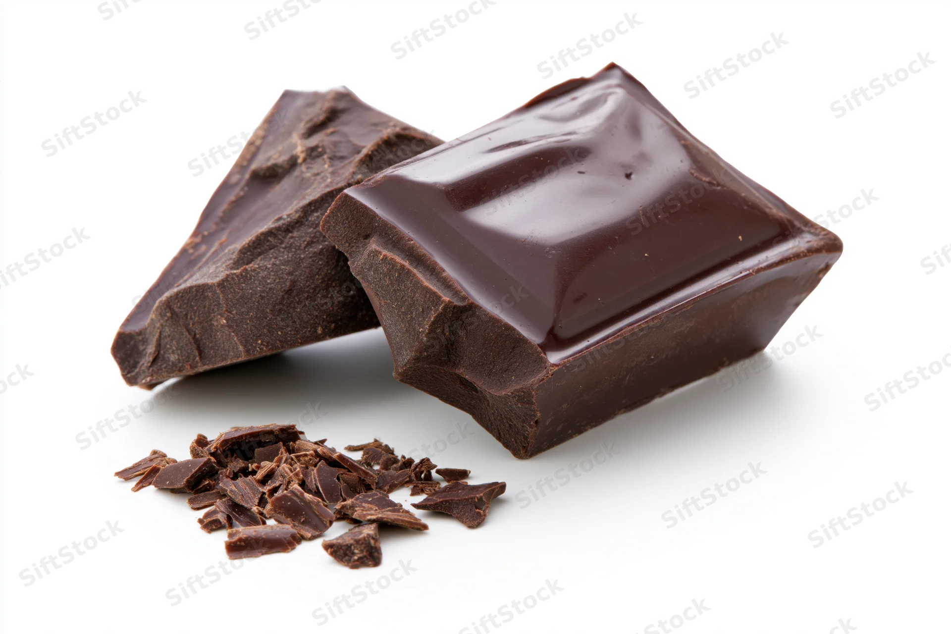Broken dark chocolate chunks and small shaved pieces on white background