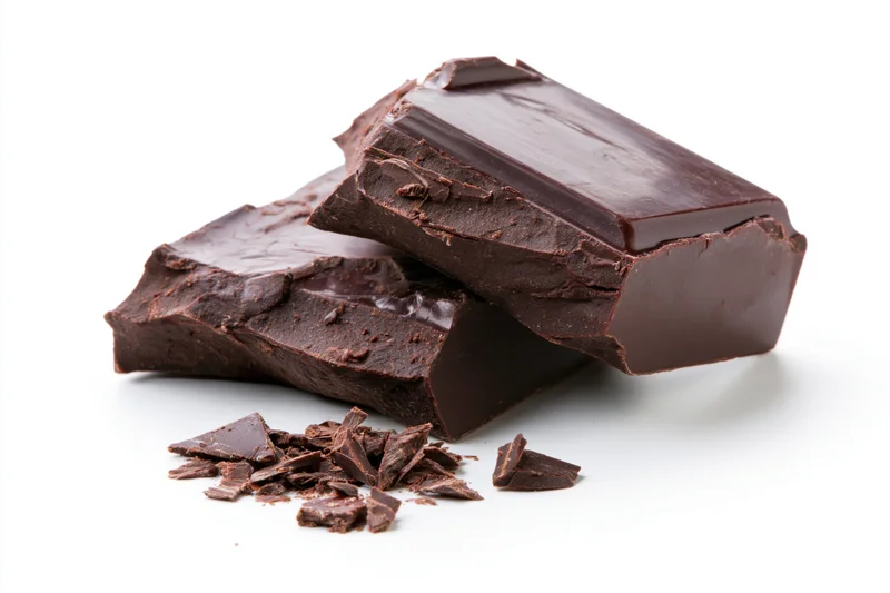 Broken dark chocolate chunks and shaved pieces on white background