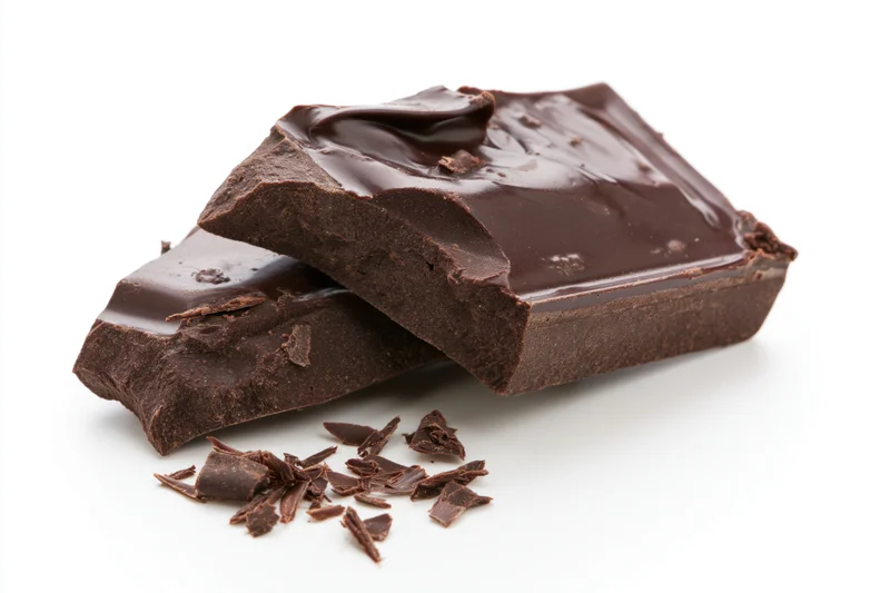 Broken dark chocolate chunks with shaved pieces on white background