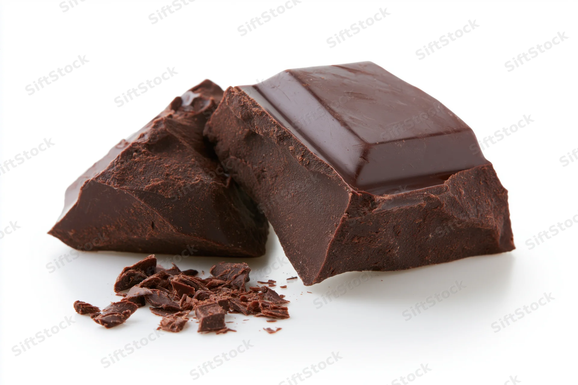 Broken dark chocolate chunks and shaved pieces on white background