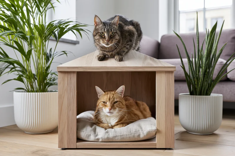 Two cats using a wooden pet house indoors, one perched on top, one resting inside on a cushion, surrounded by potted plants and a sofa