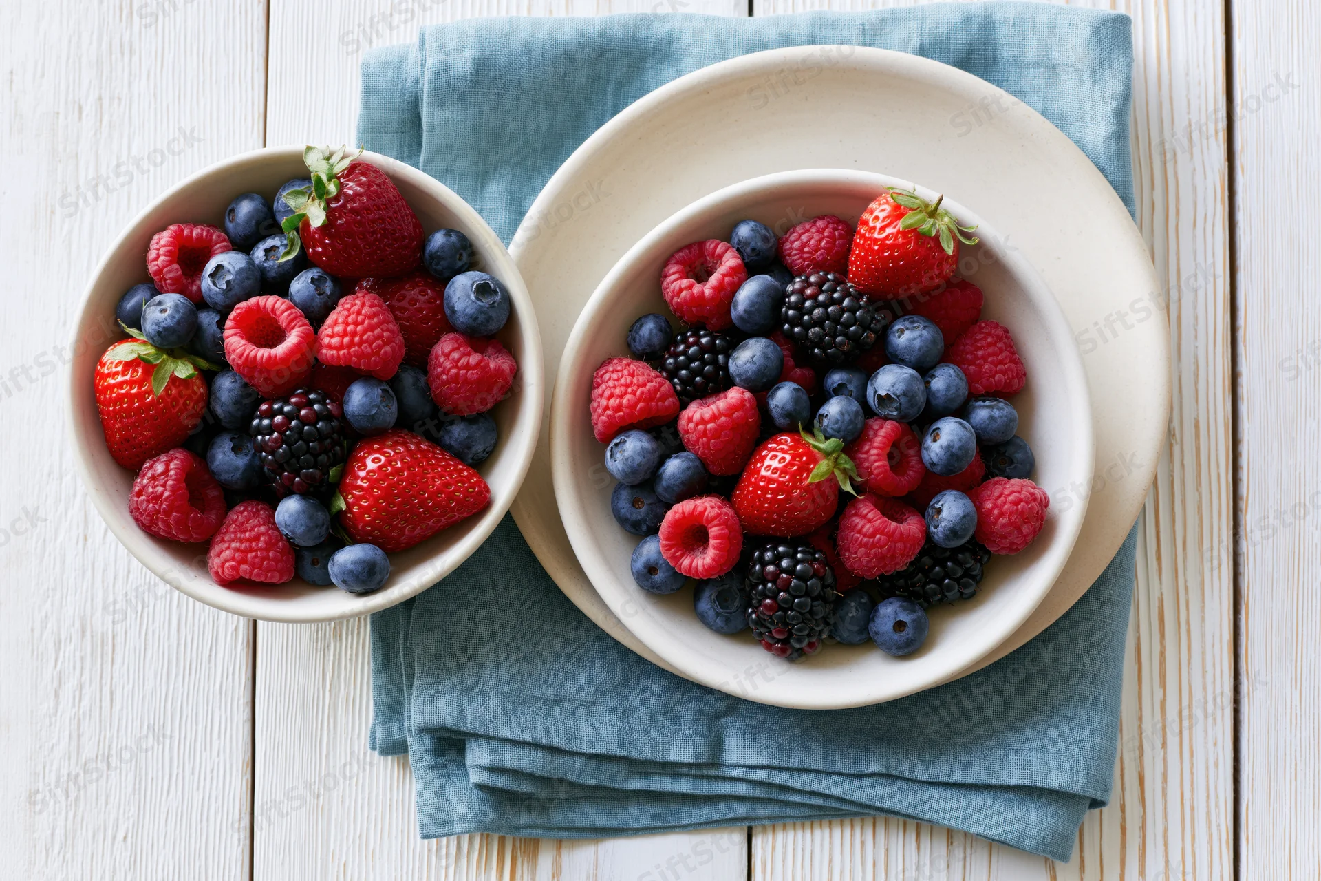 Two ceramic bowls filled with mixed fresh berries on a wooden table with a teal napkin