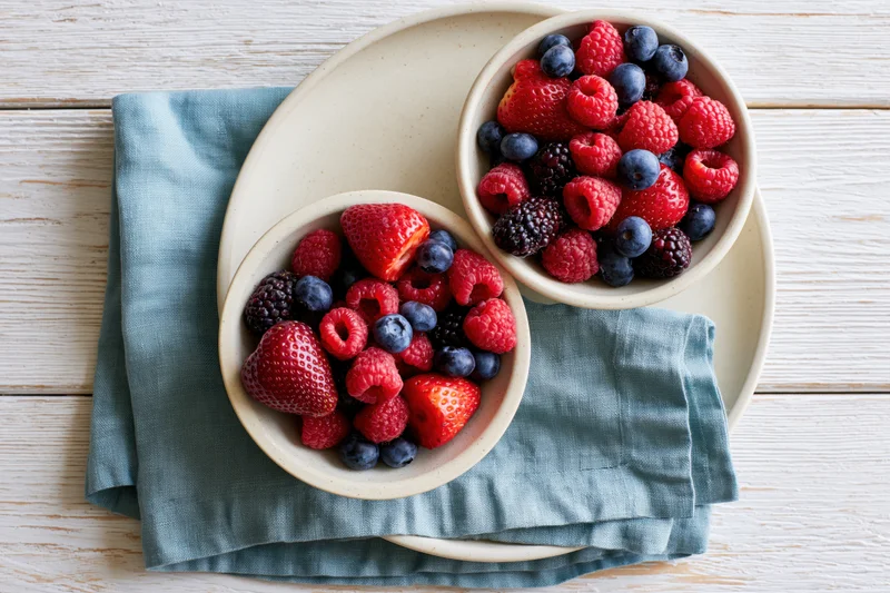 Two ceramic bowls filled with mixed fresh berries on a wooden table with a napkin and plate