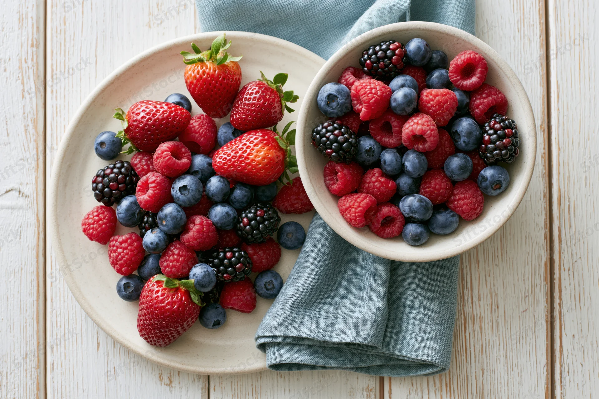 Mixed fresh berries in ceramic bowls on wooden table with cloth napkin