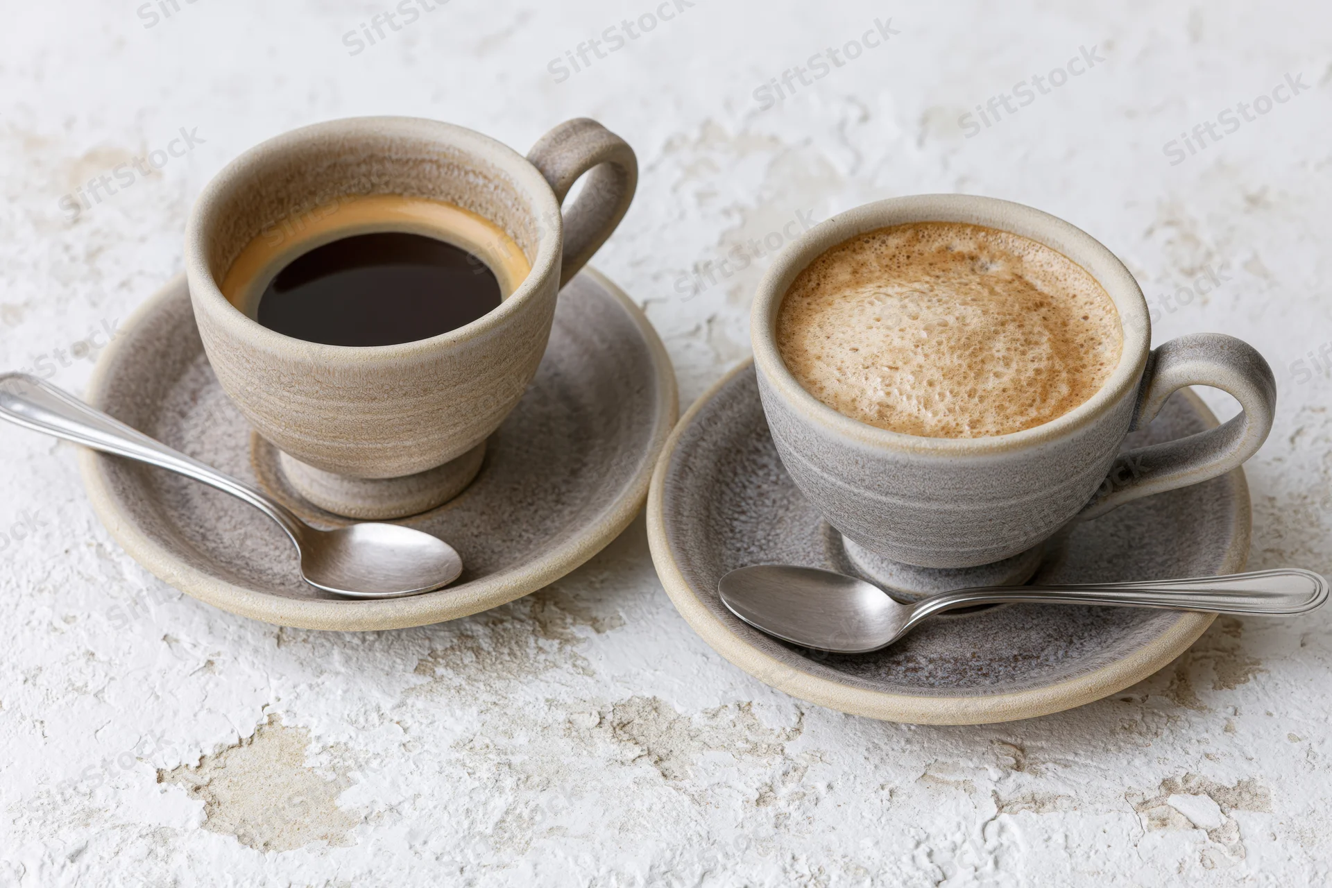 Two ceramic coffee cups with spoons on saucers on a textured white surface