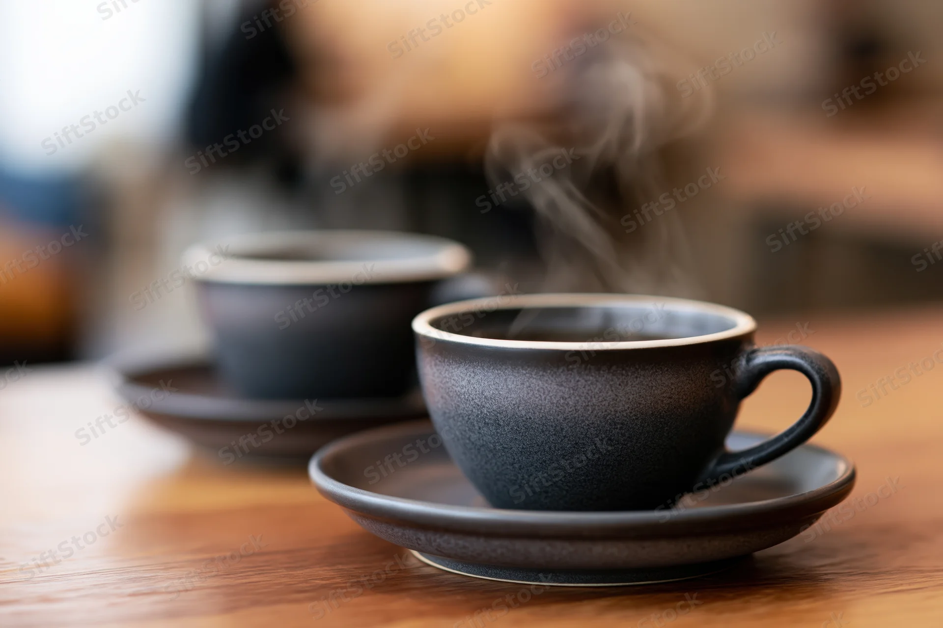 Two dark grey ceramic coffee cups with steam rising, resting on matching saucers on a wooden table