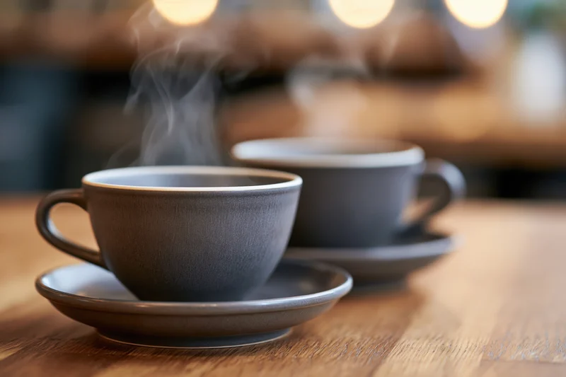 Two steaming dark gray ceramic coffee cups on matching saucers on a wooden table in a cozy cafe setting