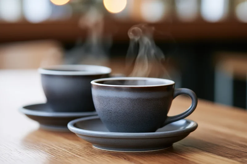 Two dark gray ceramic coffee cups steaming on wooden table in cafe interior