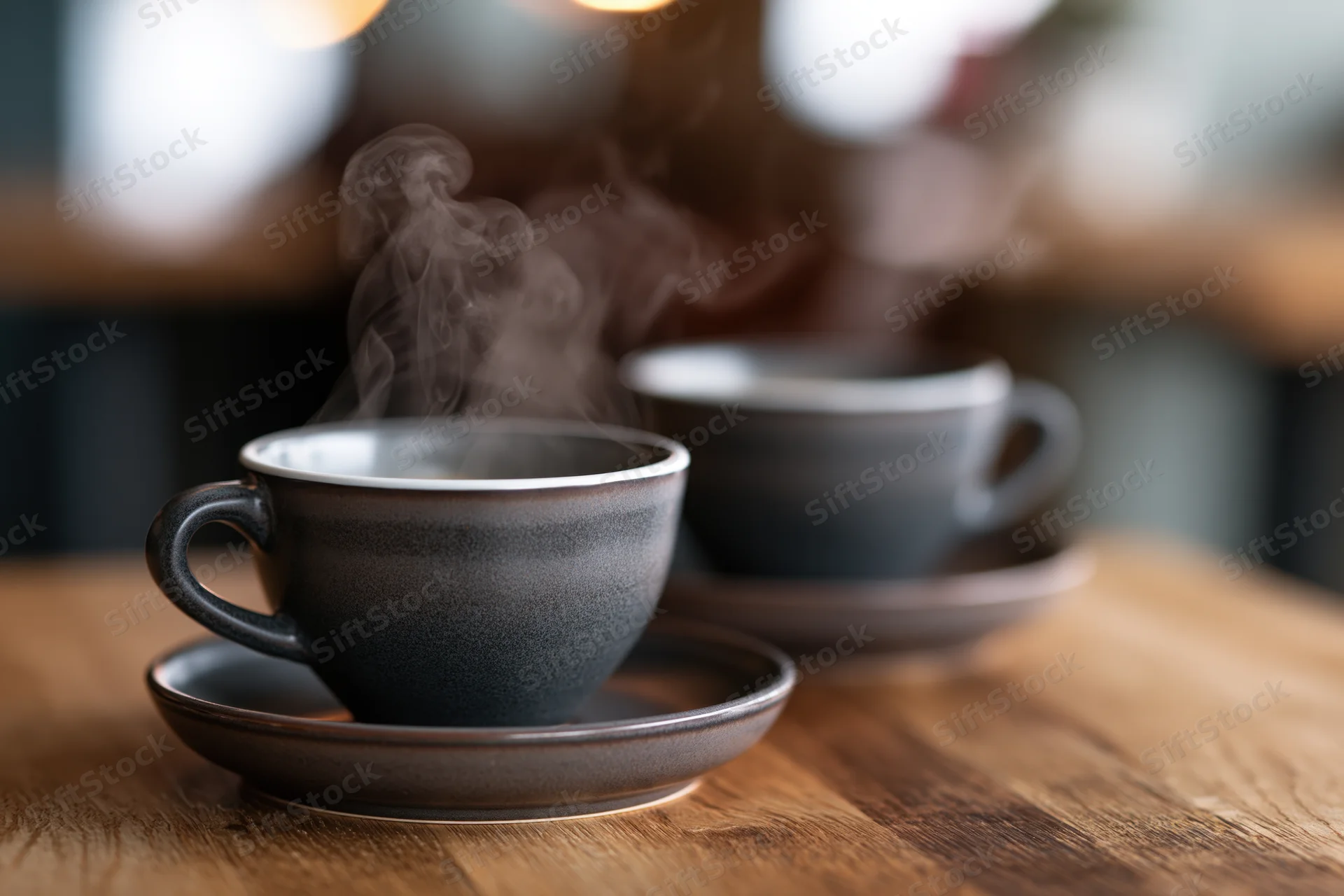 Two steaming dark gray ceramic coffee cups on matching saucers on a wooden table
